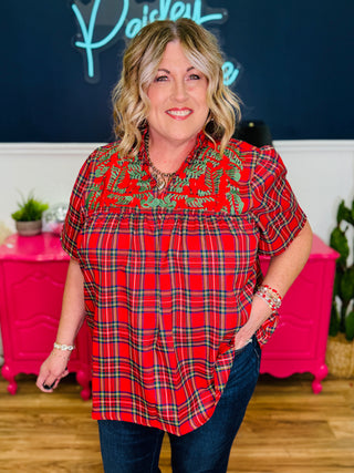Plaid Short Sleeve Top With Embroidered Neckline