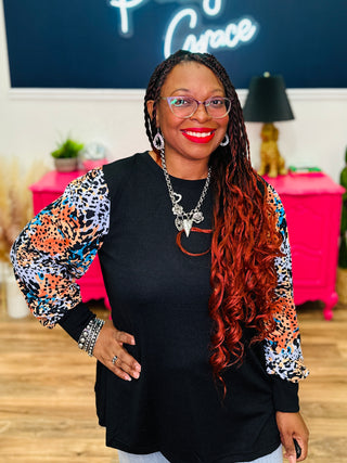 Black Top with Watercolor Animal Print Sleeves