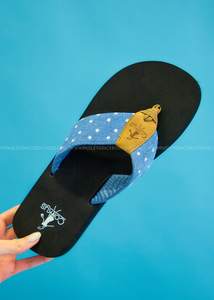 Summer Break Flip Flops by Corkys - Blue Denim Stars