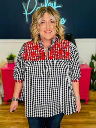 Plaid Top With Red Embroidered Floral