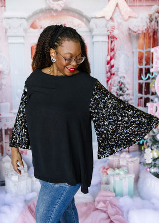 Misty Black Sequin Sleeve Top