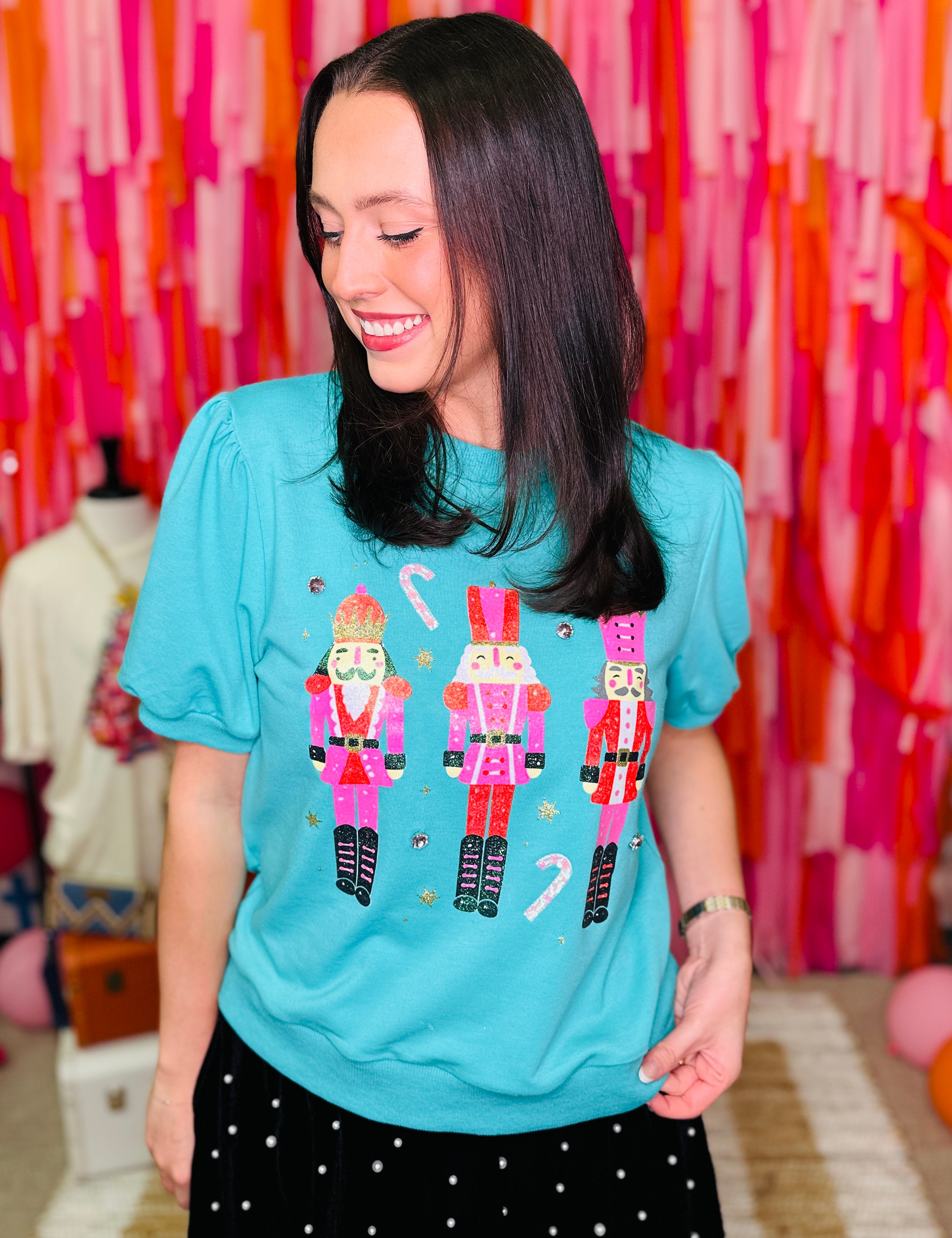 Nutcrackers on Mint Puff Sleeve Top  - PREORDER