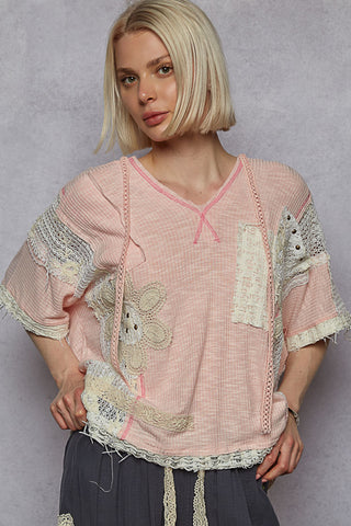 POL V-Neck Lace Detail Hoodie - Blush Pink