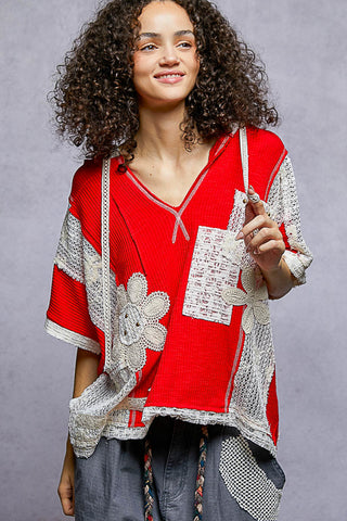 POL V-Neck Lace Detail Hoodie - Ruby