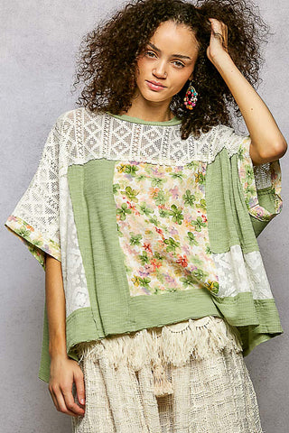 POL Oversized Raw Edge Floral Pattern Top - Sage