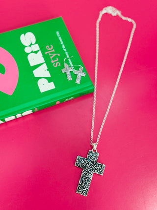 Paige Filigree Cross Necklace + Earring Set