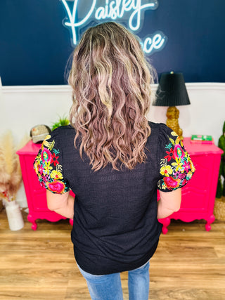 Black V-Neck Top Floral Embroidered Puff Sleeves