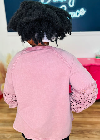 Eyelet Lace Washed Terry Pullover - Red Bean