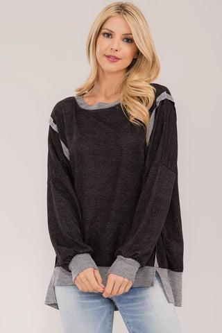 Oversized Crewneck With Side Slits Top - Black