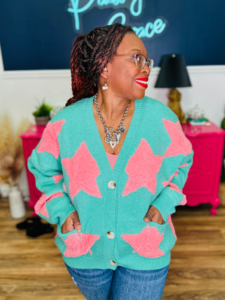 Fuzzy Knit Button Down Star Cardigan