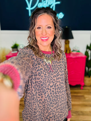 Animal Print Drop Shoulder V-Seam Long Sleeve Top