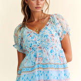 Spring Floral Border Print Ruffled Textured Top