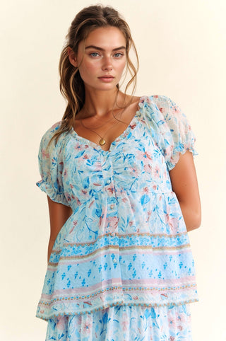 Spring Floral Border Print Ruffled Textured Top