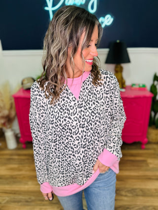 Beige Leopard Ribbed Top With Pink Collar & Trim