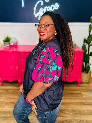 Rosaline Noir Floral Short Puff Sleeve Top - FINAL SALE