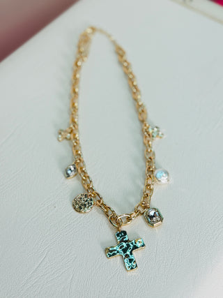 Evangeline Hammered Cross, Pearl, Crystal Necklace