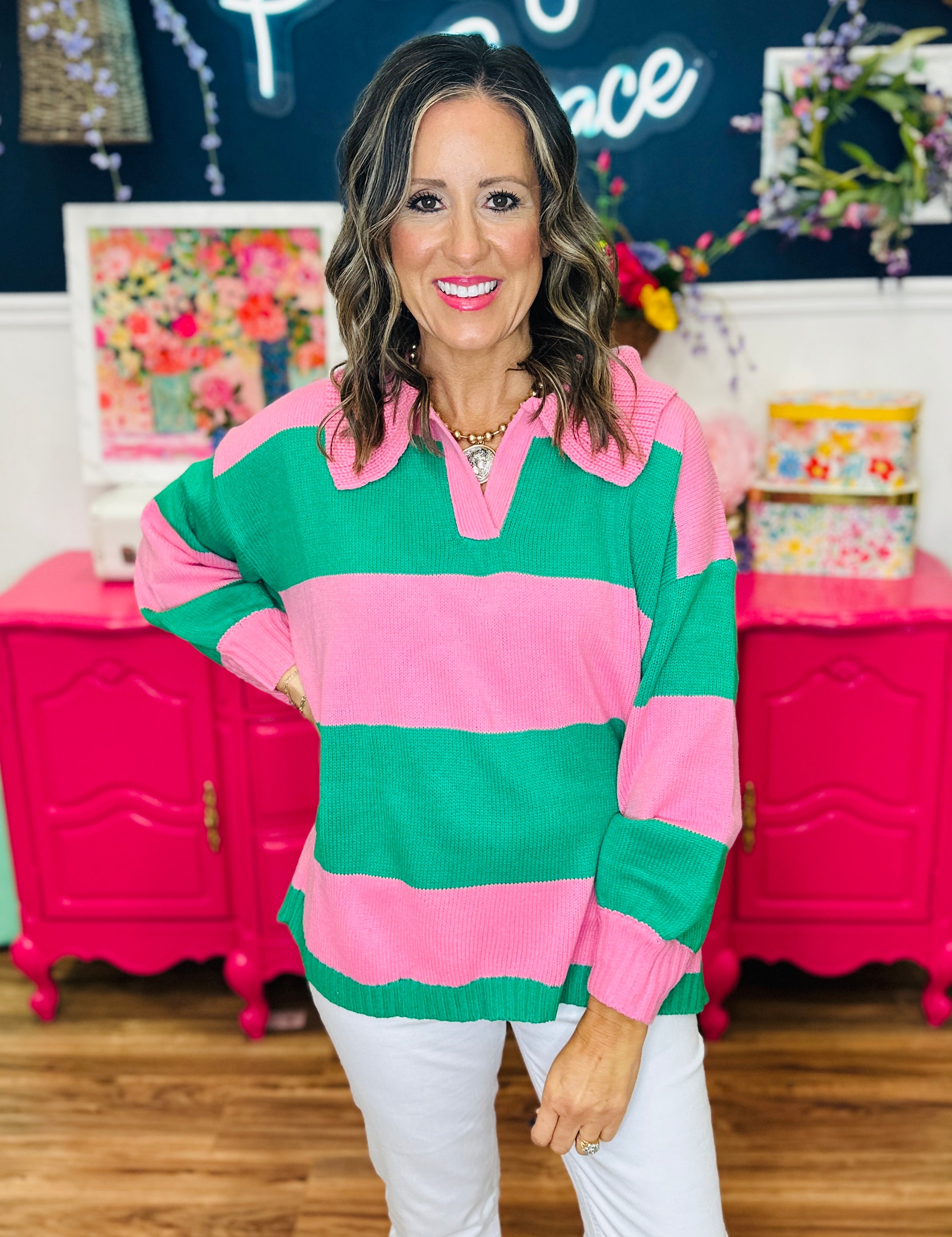 Easy Like Sunday Sweater - Pink & Green