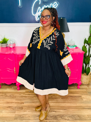 Embroidered Plunge V-Neck Mini Dress