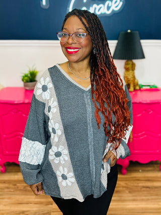 Heavy Waffle Knit Lace Flower Sweatshirt - Charcoal