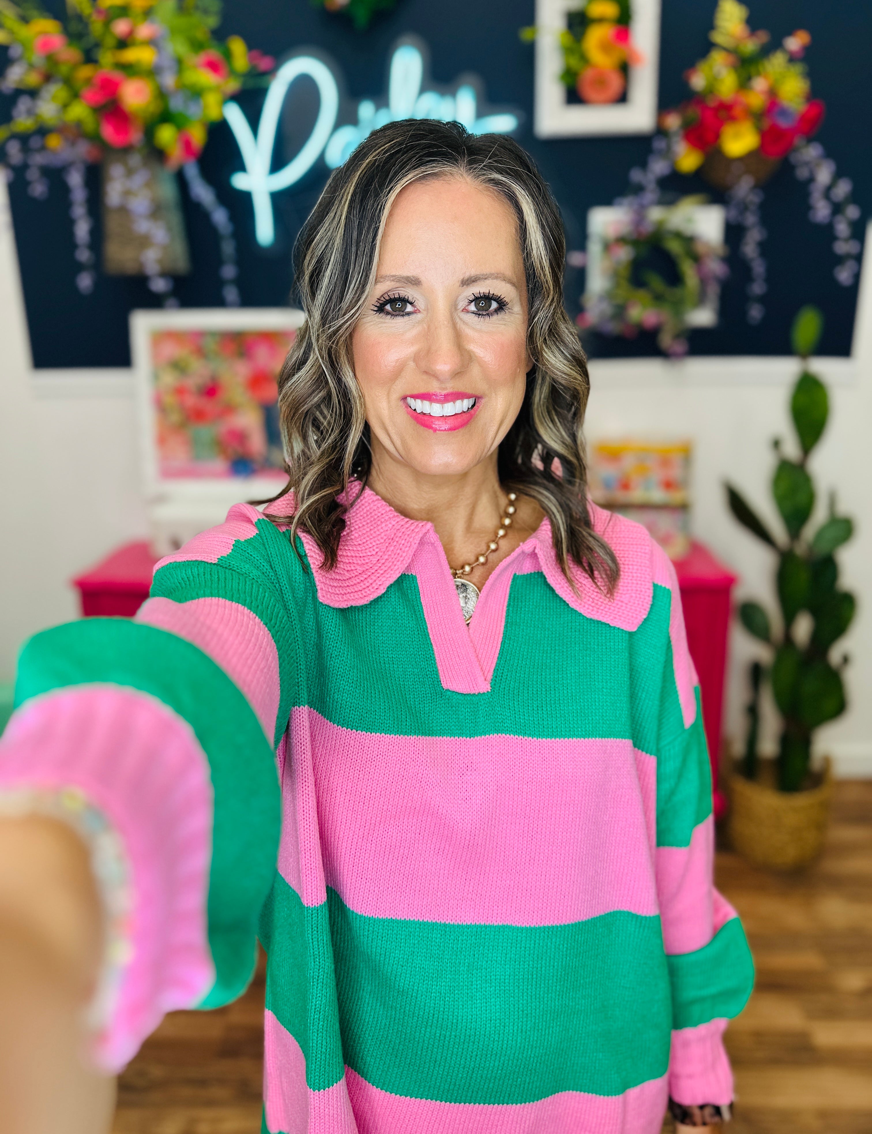 Easy Like Sunday Sweater - Pink & Green