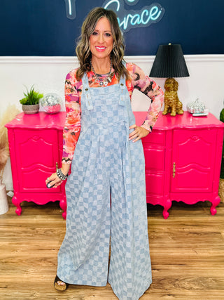 Checkered Pattern Wide Leg Denim Jumpsuit - PREORDER