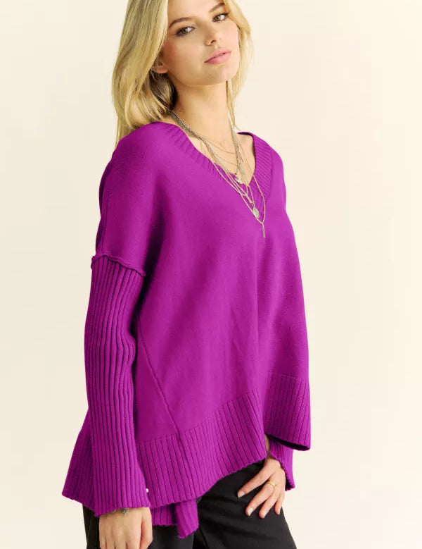 Solid Ribbed Sleeve Side Slit Pullover Sweater (Reg Only) - 2 Colors - LAST ONES FINAL SALE