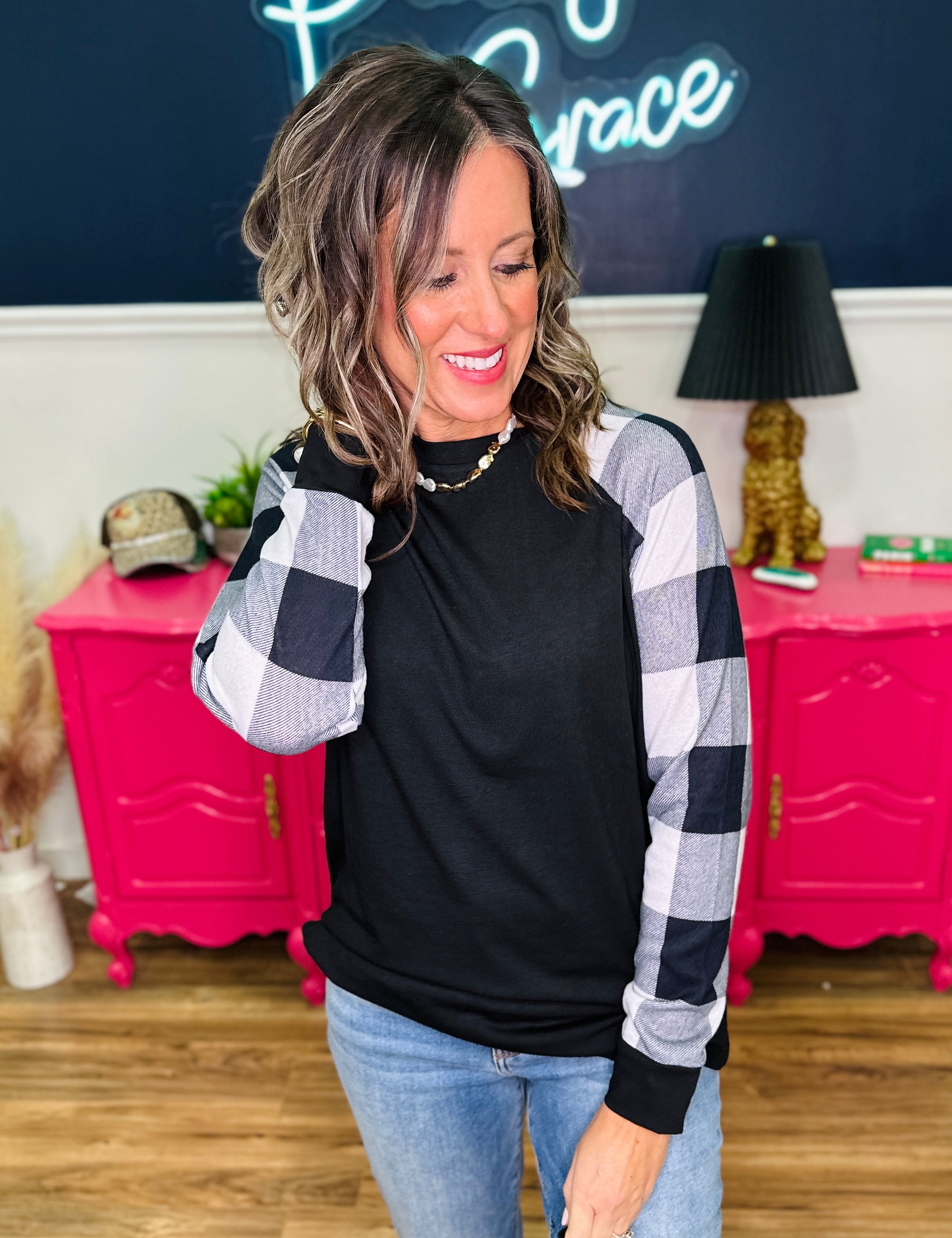 Black Top With Ivory Plaid Long Sleeves - FINAL SALE