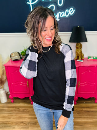Black Top With Ivory Plaid Long Sleeves