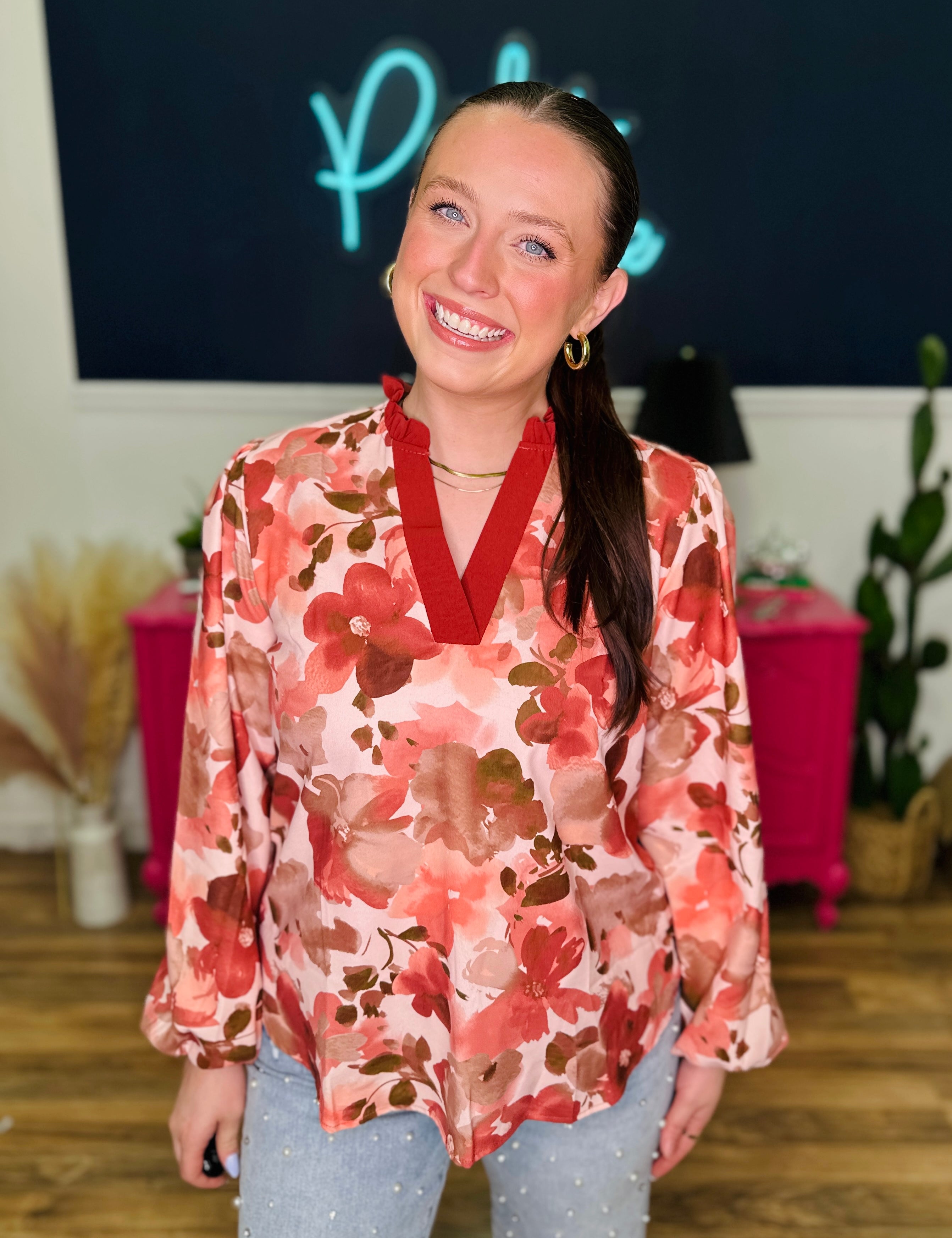 Cranberry Rust Floral Long Sleeve Top - LAST ONES FINAL SALE