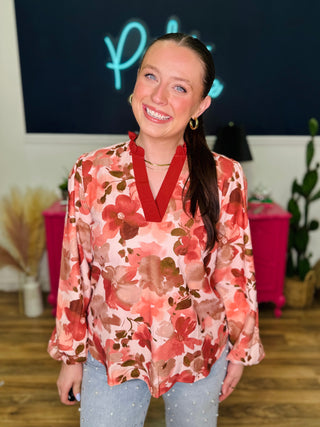Cranberry Rust Floral Long Sleeve Top