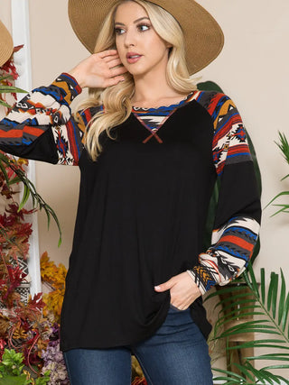 Solid Aztec Print Long Sleeve Top - Black Aztec