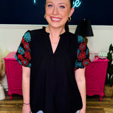 Black Top With Floral Embroidered Puff Sleeves - LAST ONES FINAL SALE