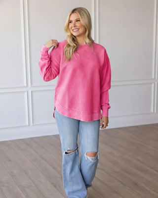 Round Bottom Corded Crew Pullover - Teaberry PREORDER