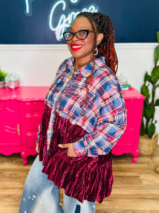 Velvet Ruffle Hem Bleached Plaid Shirt