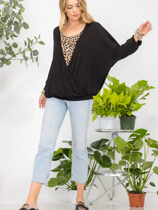 Solid Color And Animal Print Detail Top