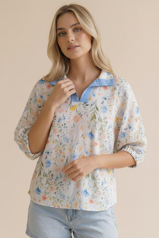 Taped Gingham Check Collar Floral Dolman Top - PREORDER