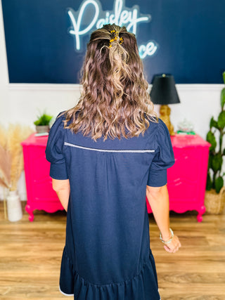 Sandra Dee Navy Striped Trim Dress