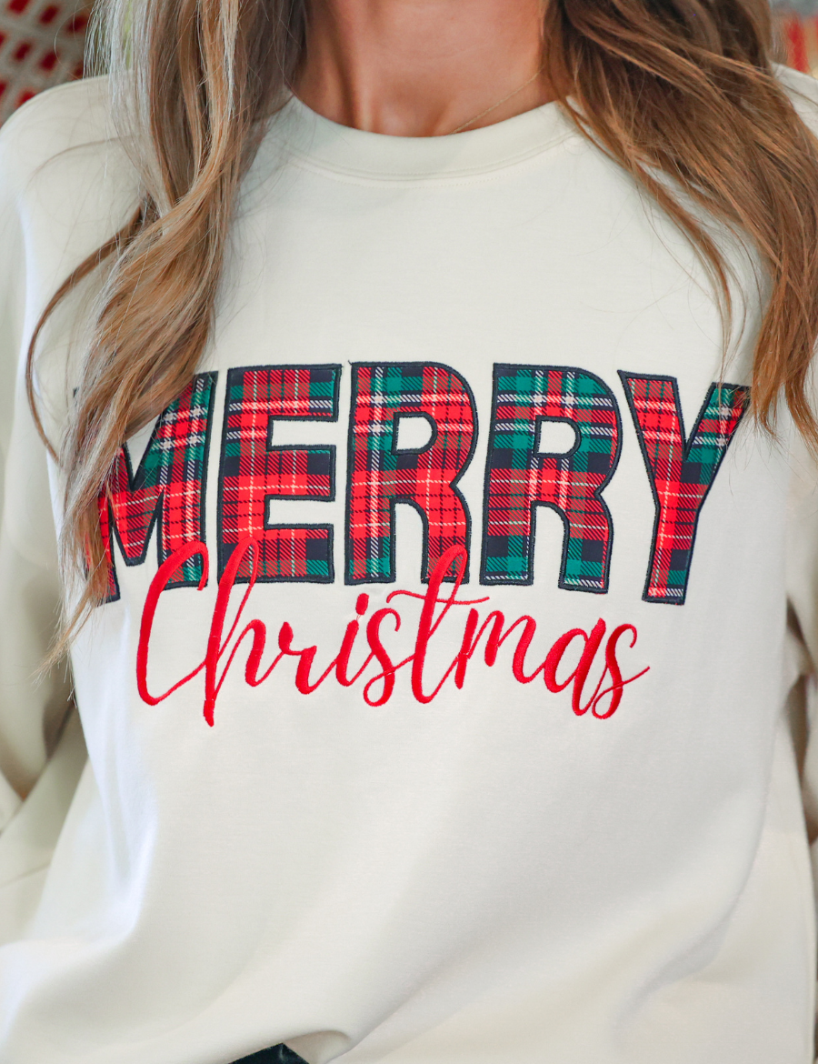PREORDER- Merry Christmas Plaid Patch Pullover