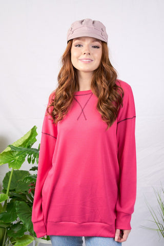 Solid Color Stitched V Oversized Pullover Top - Fuchsia