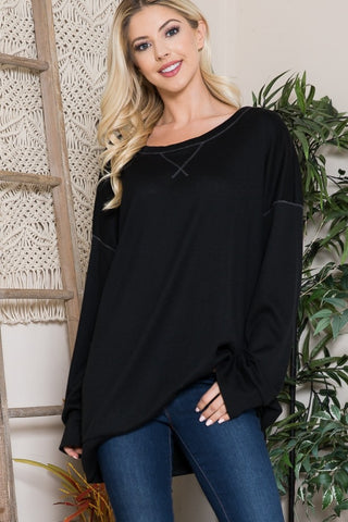 Solid Color Stitched V Oversized Pullover Top - Black