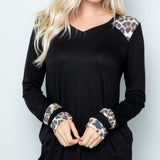 Leopard Point V-Neck Long Sleeve Top - Black/Leopard - LAST ONES FINAL SALE