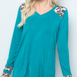 Leopard Point V-Neck Long Sleeve Top - Teal/Leopard - LAST ONES FINAL SALE