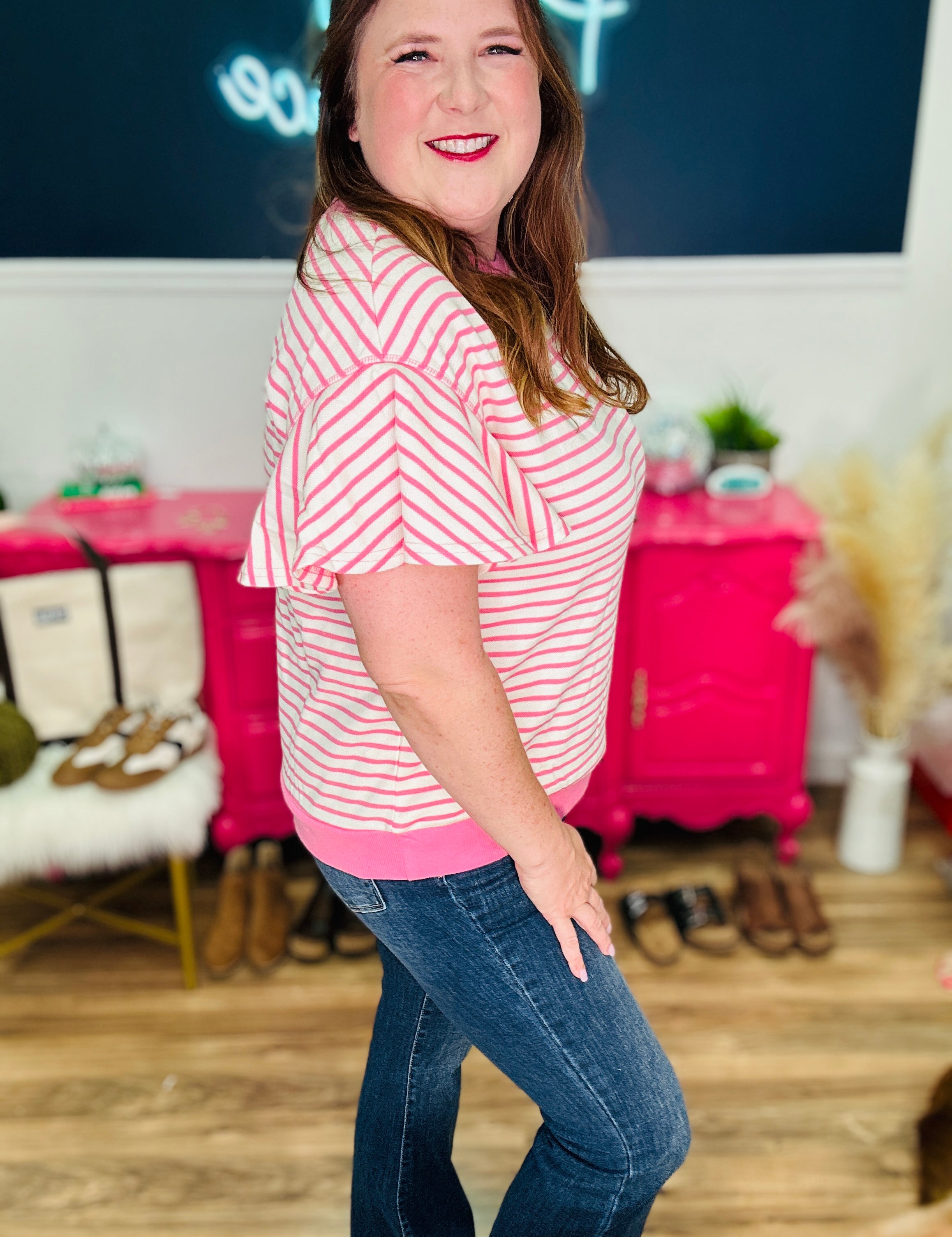Ruffle Sleeve Stripe Top – Pink. - LAST ONES FINAL SALE