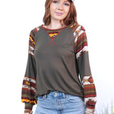 Solid Aztec Print Long Sleeve Top - Dark Olive Aztec - LAST ONES FINAL SALE
