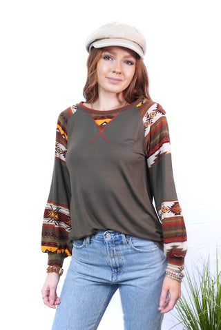Solid Aztec Print Long Sleeve Top - Dark Olive Aztec