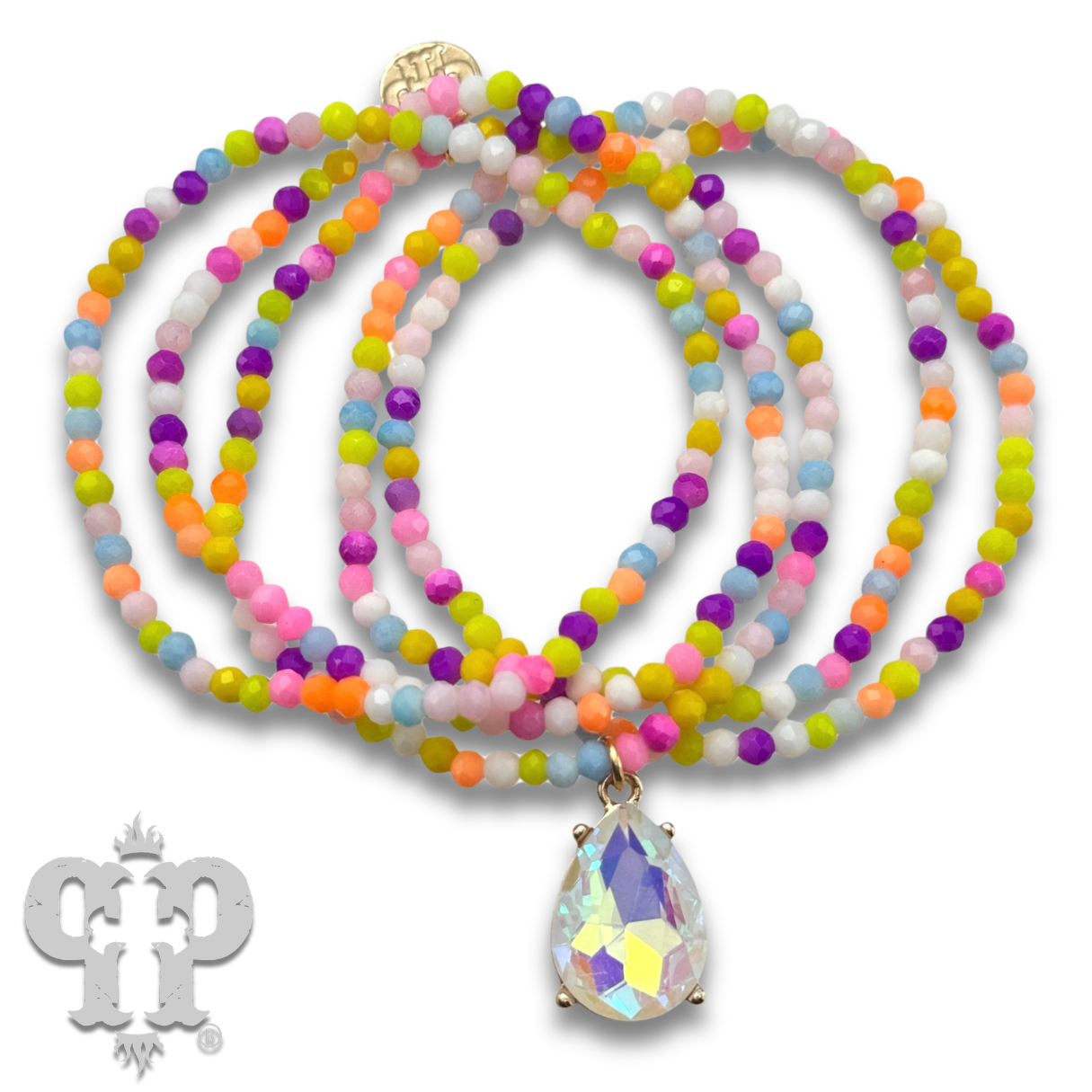 Multi-Color Bead Bracelet with Rhinestone Teardrop Charm