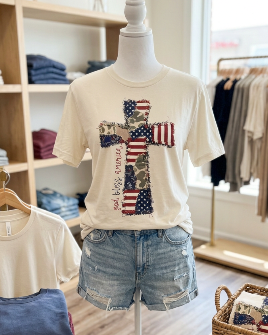 God Bless America Cross Faux Patch Tee - Blue