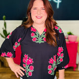 Bubble Sleeved Tulip Print Split V-Neck Top - LAST ONES FINAL SALE