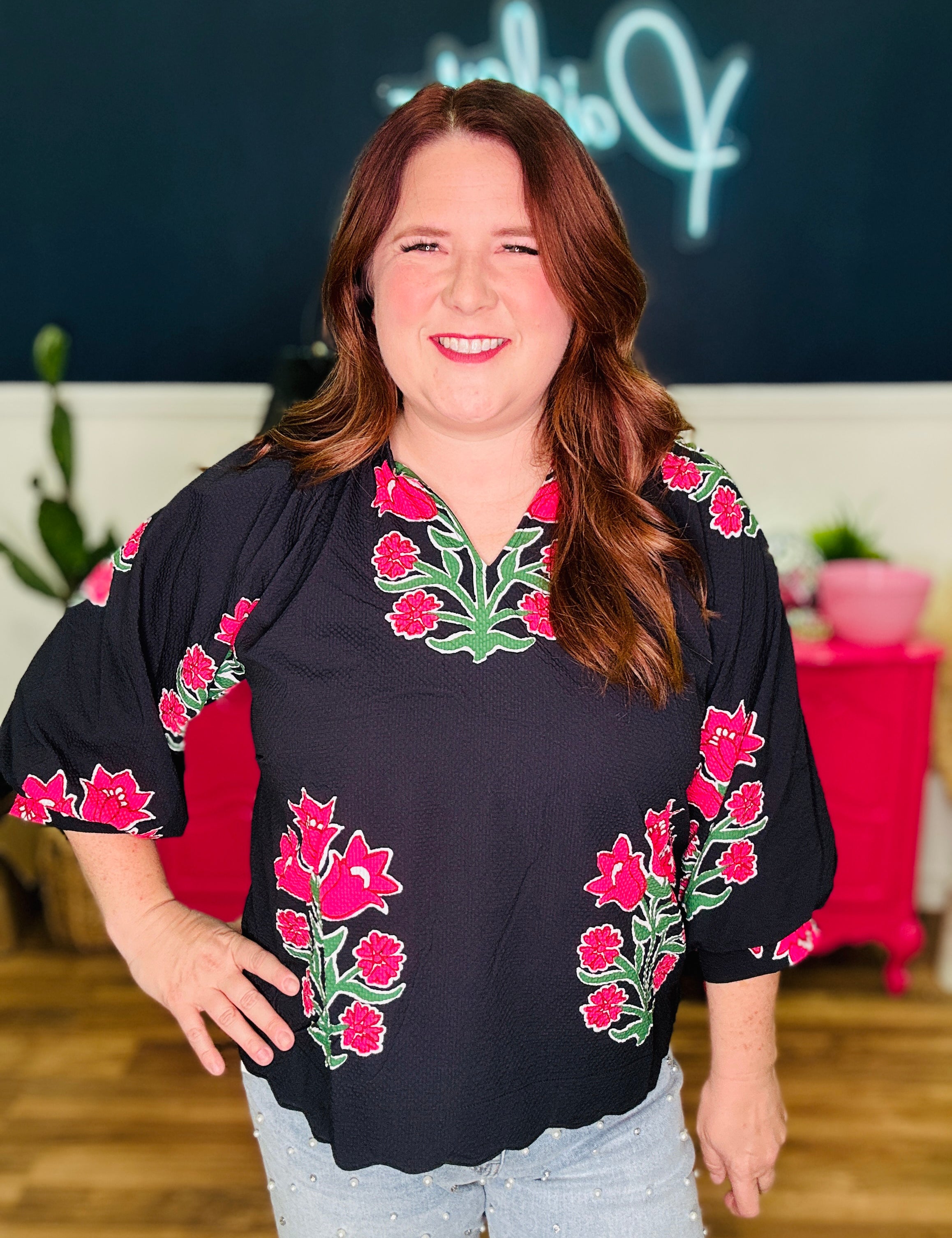 Bubble Sleeved Tulip Print Split V-Neck Top - LAST ONES FINAL SALE