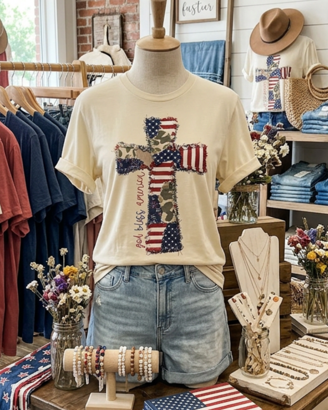 God Bless America Cross Faux Patch Tee - Blue